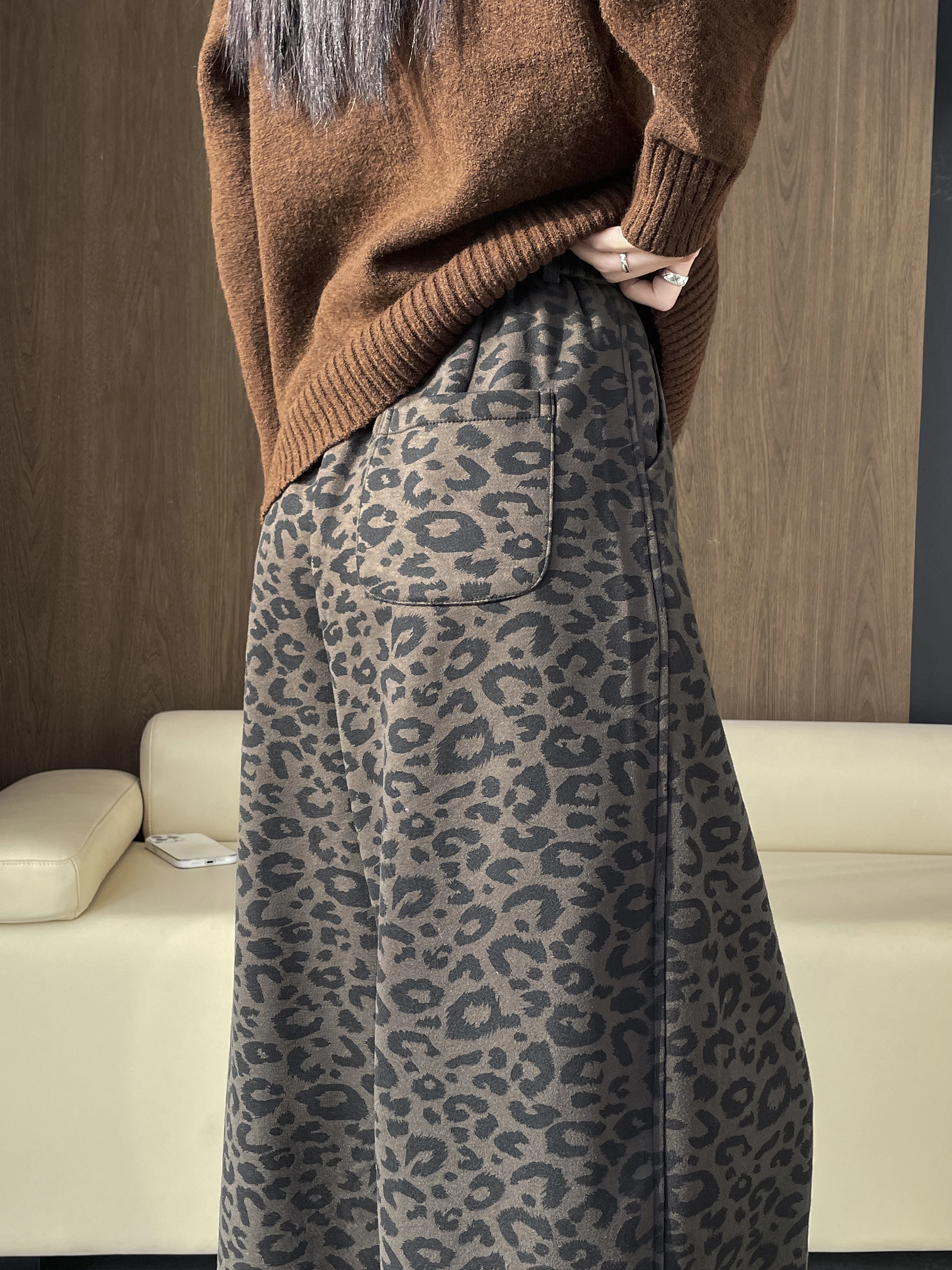 High Waist Thiened Fce Wide Leg Pants Women's Winter New Sle Leopard Print Casual Pants Slimming Loose Straight Cut