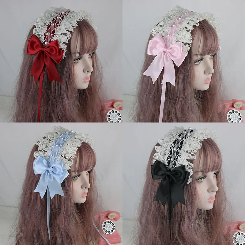 2022 Japanese Lovely Sweet Hair Hoop Anime Maid Cosplay Headband Lolita Lace Flower Headwear Accessory for Girls