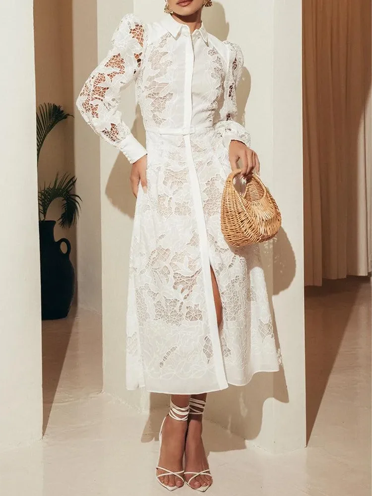 Elegant Hollow Out Embroidery Dresses For Women Lapel Long Sleeve HighWaist Spliced Belt Temperament Dress Fashionwoman clothing