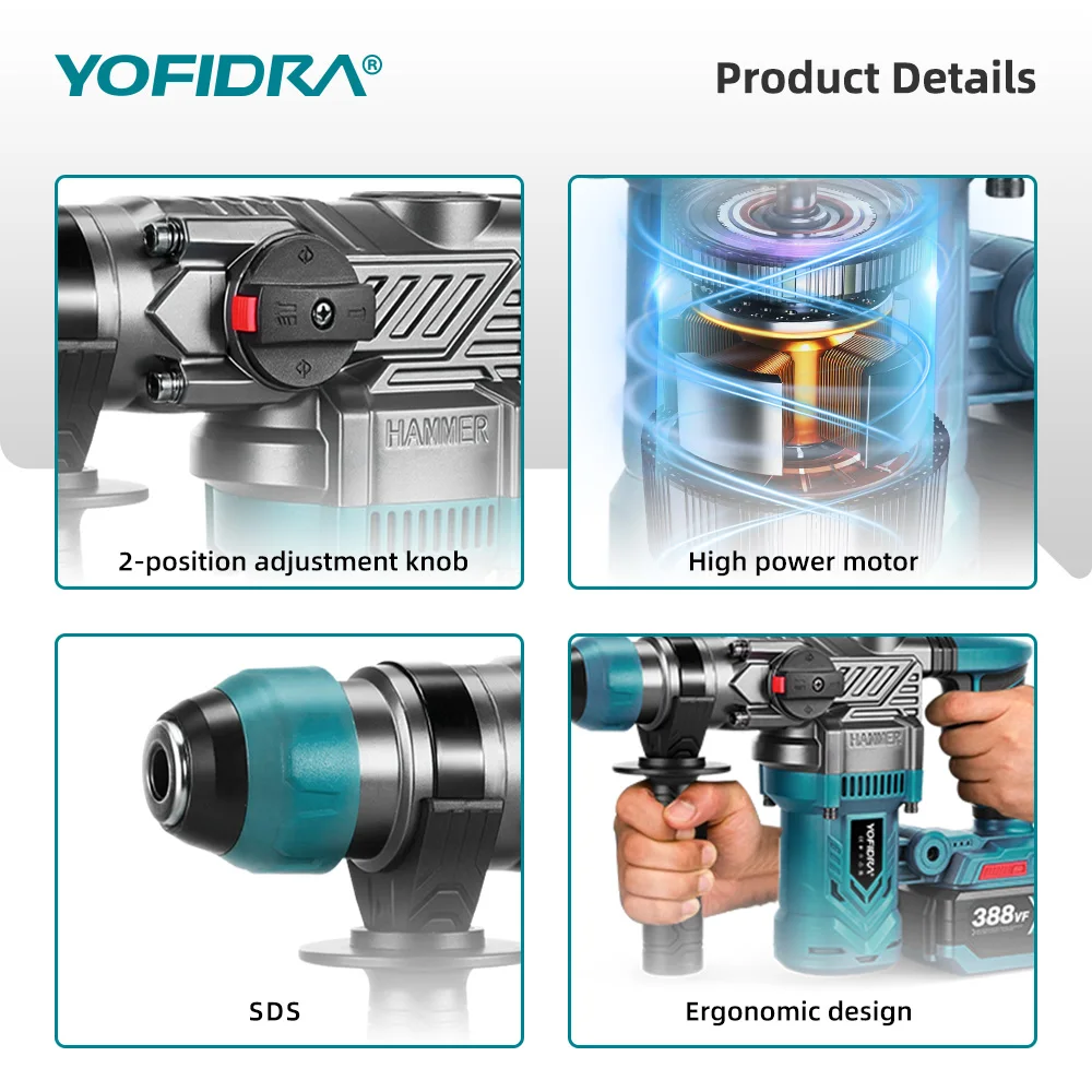 YOFIDRA 2200W ブラシレス電動ハンマードリル 6400IPM マルチスクリュードライバー 回転式ドリル パワーツール マキタバッテリーピン対応