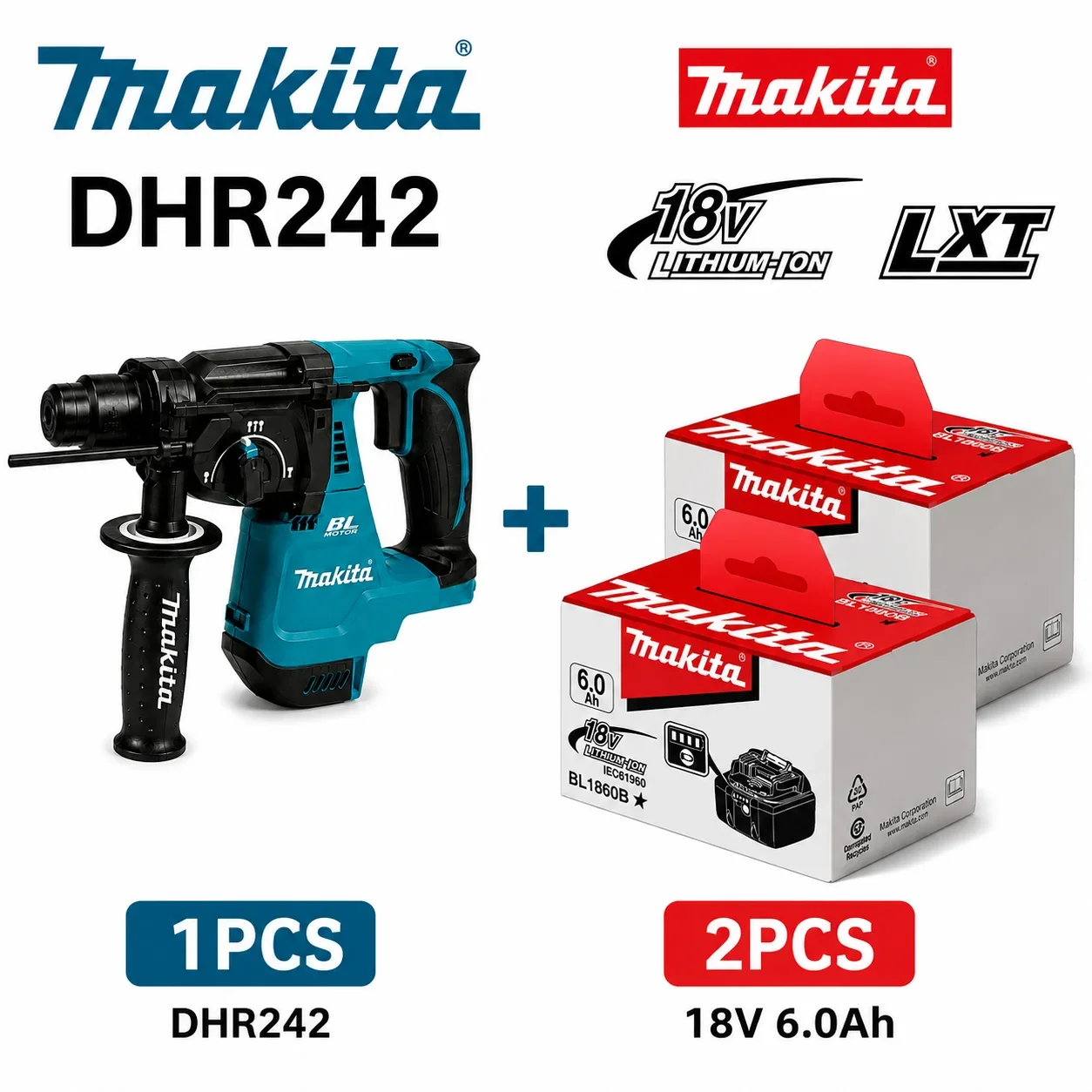 Makita DHR242 18V LXT Bürstenloser Akku-Bohrhammer 24mm SDS Plus 2,0J 4700 BPM 3-Modus Beton-Bohrwerkzeug-Set mit BL1860B BL1840 Akku-Ladegerät