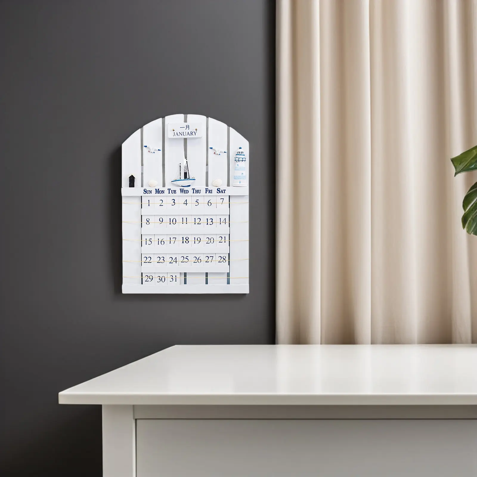 Wooden Perpetual Wall Calendar Thick Wood Board Mediterranean Style Home Decor Date Reminder