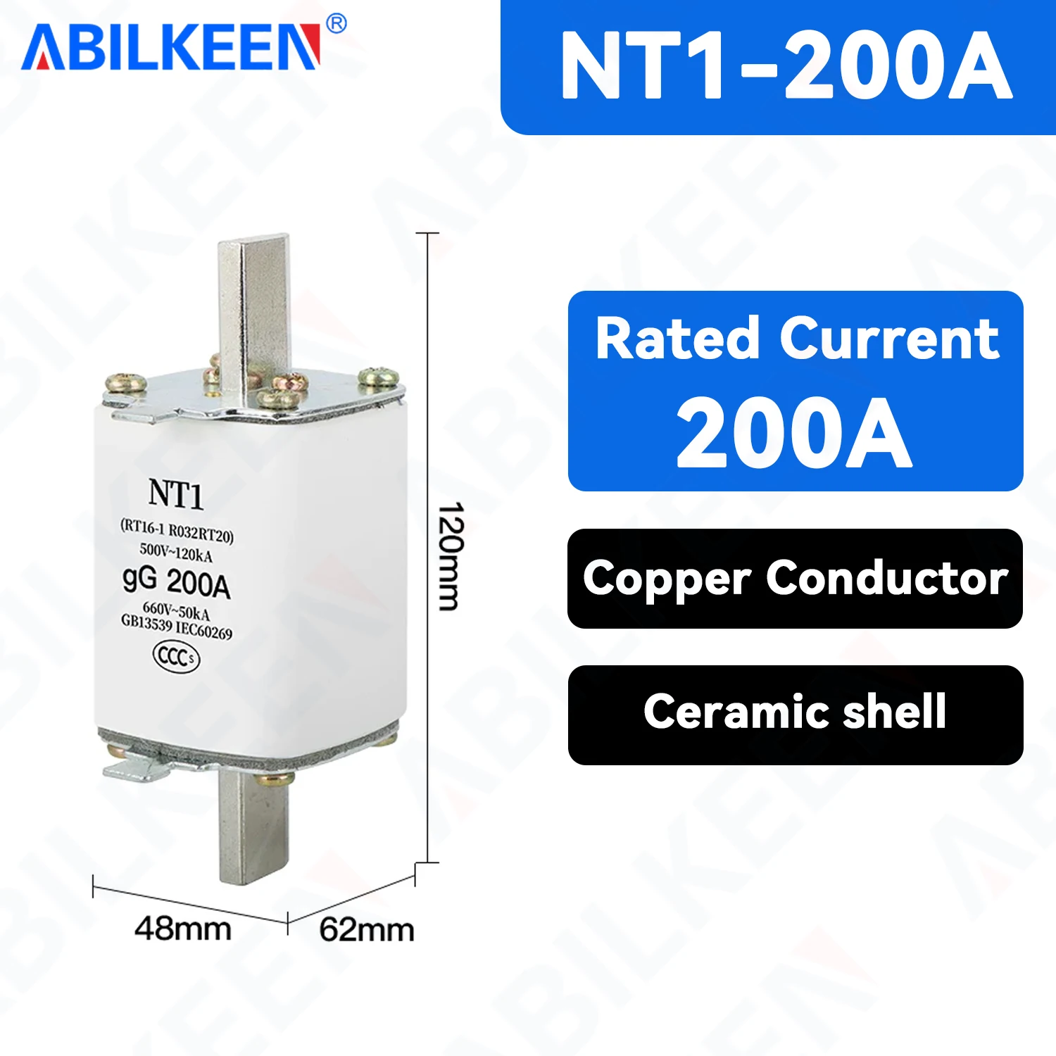 ABILKEEN NT1 Blow Blade Fuse 200A/250A RT16-1 Knife Blade Fuse Tube 500V~660V Mini Blade Fuse Tube with Fuse Base