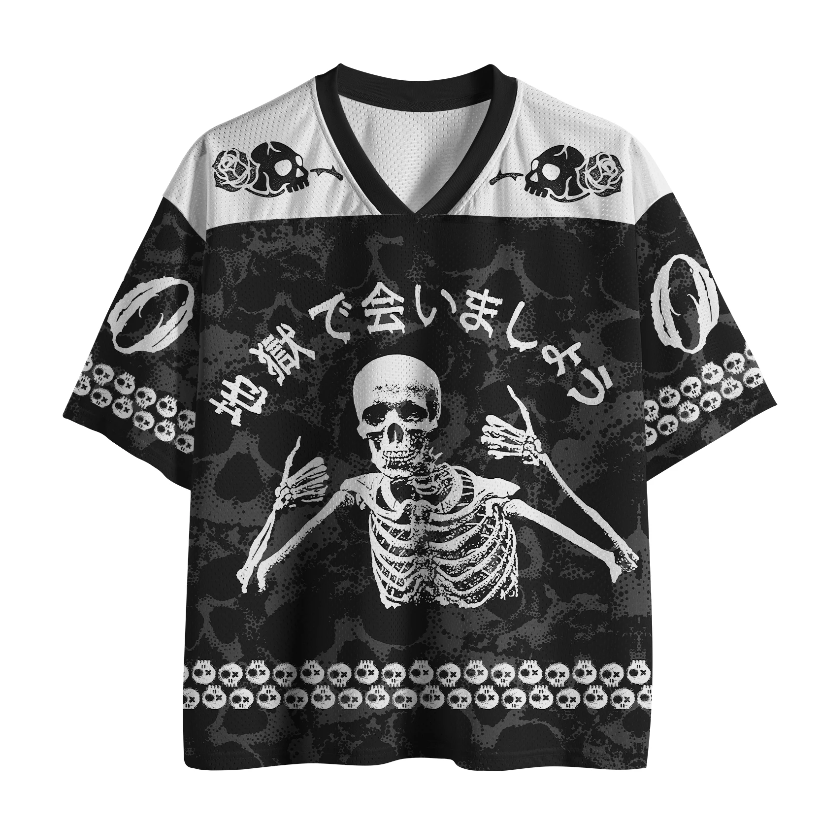 Gothic Skelett-Muster Strick-T-Shirt „Hell's Eye“ mit japanischem Textdruck, großes Netzgewebe, Sport-T-Shirt für Erwachsene und Kinder