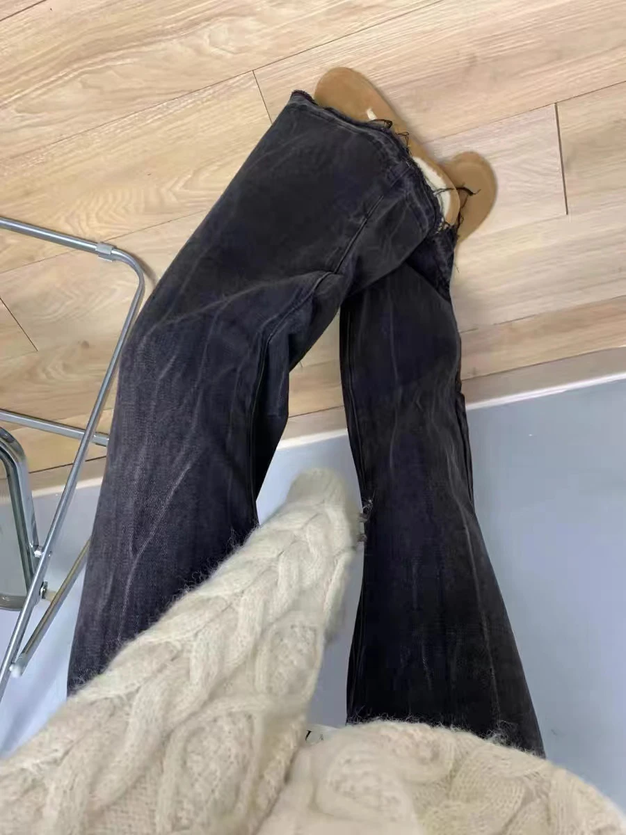 

plus Size American Retro Bell Bot Jeans Women's Spring Autumn Loose Slim High Waist Straight Leg Floor Length Pants