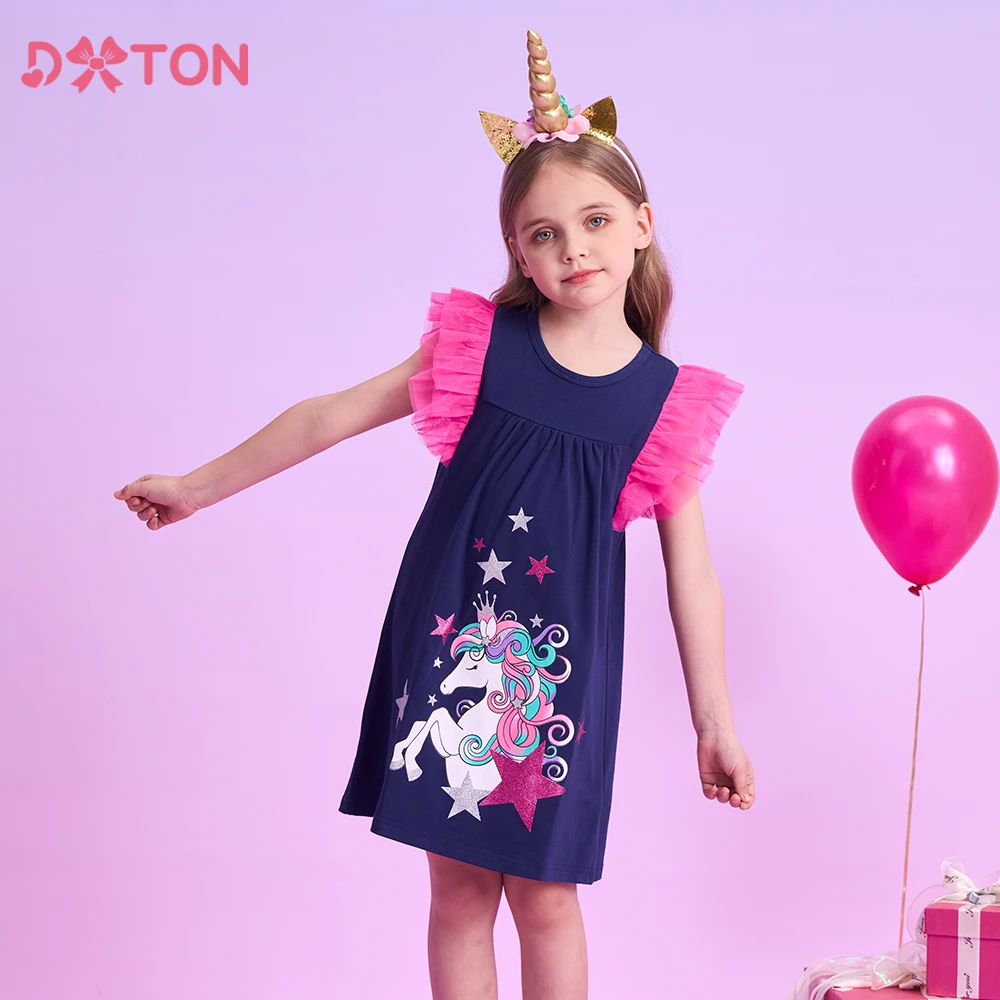 DXTON 2024 Summer Flying Sleeve Toddler Girls Dresses Patchwork Children Cotton Clothing Unicorn Casual Princess Dress For Girls