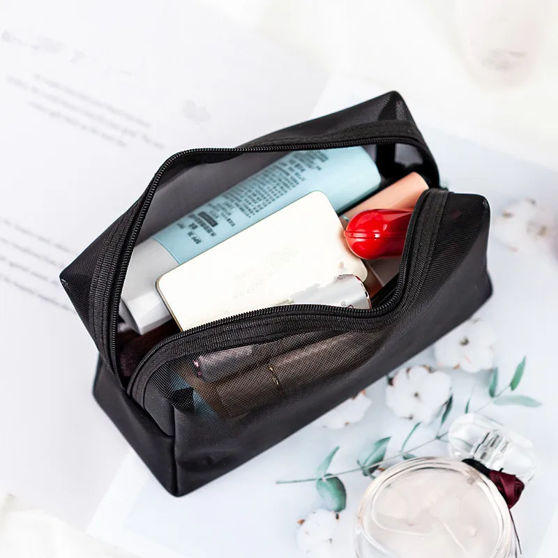 Bolsa de cosméticos de malla negra transparente para mujer, bolsa de maquillaje pequeña y grande, estuche con cremallera, bolsa de almacenamiento de