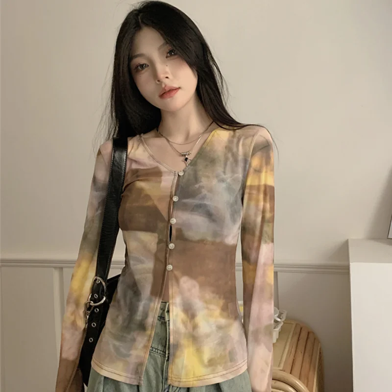 

Women's Vintage Printed Single Breasted Buckle T-shirt Summer Clothes Female Personalized Slimming Stylish Top