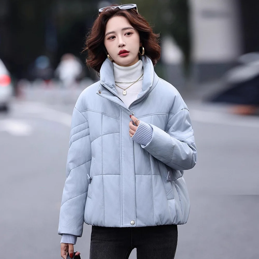 

New Women Winter Split Leather Down Jacket Fashion Turn-down Collar Loose Waist Warm Jacket Casual Thick Short Coat Female