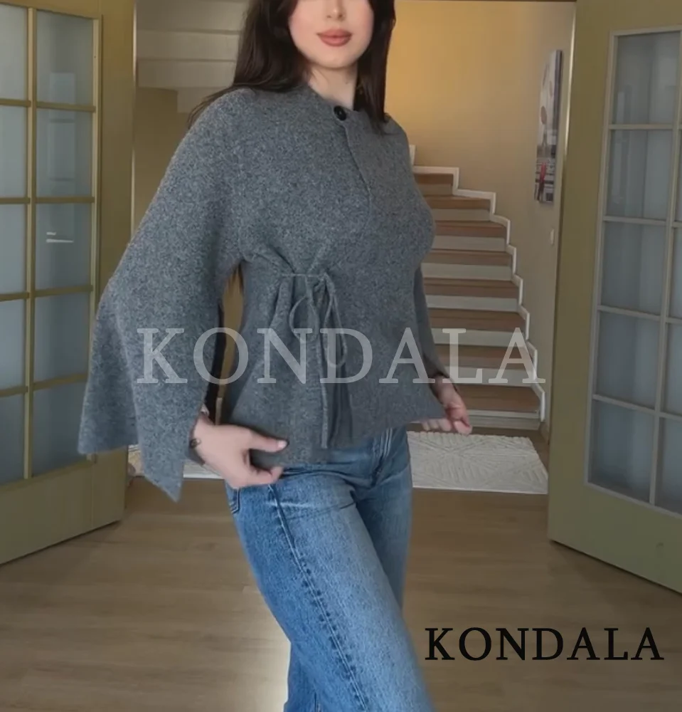 KONDALA Fall Casual Lace-up Knitted Coat Women's Gray O-Neck Cardigan Coat 2025 Spring Autumn Fashion Elegant Simple Ladies Coat