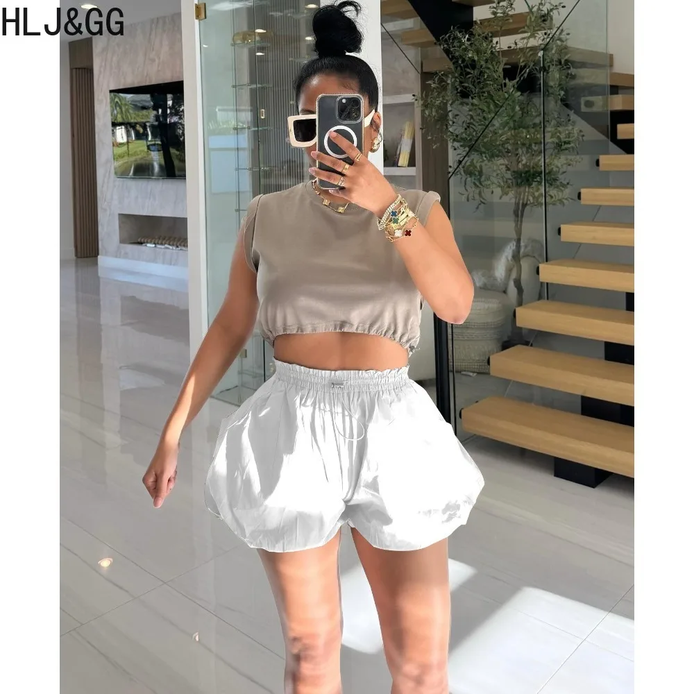 Hlj & gg Sommer neue einfarbige y2k Puff Shorts Frauen elastische hoch taillierte Mini Shorts Mode weibliche schlanke Bubble Bottoms Kleidung