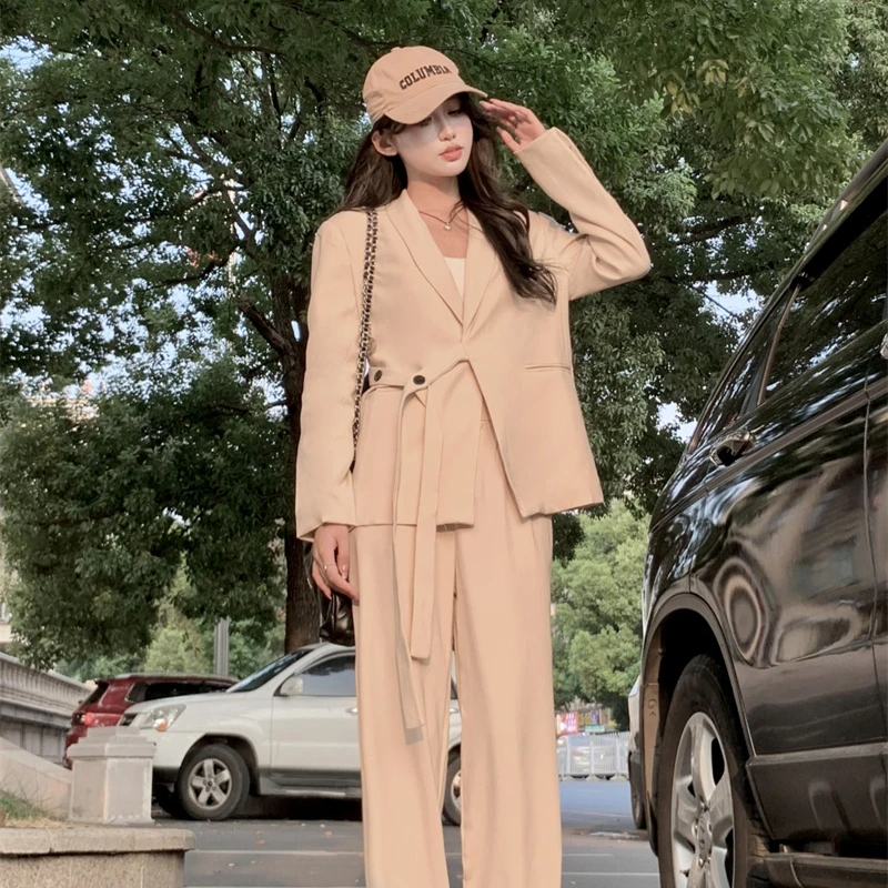

Women's Plus Size French Lace Up Blazer Wide Leg Pants Set Retro Casual Solid Color Loose Fitting Suit Long Pants Two-piece Set