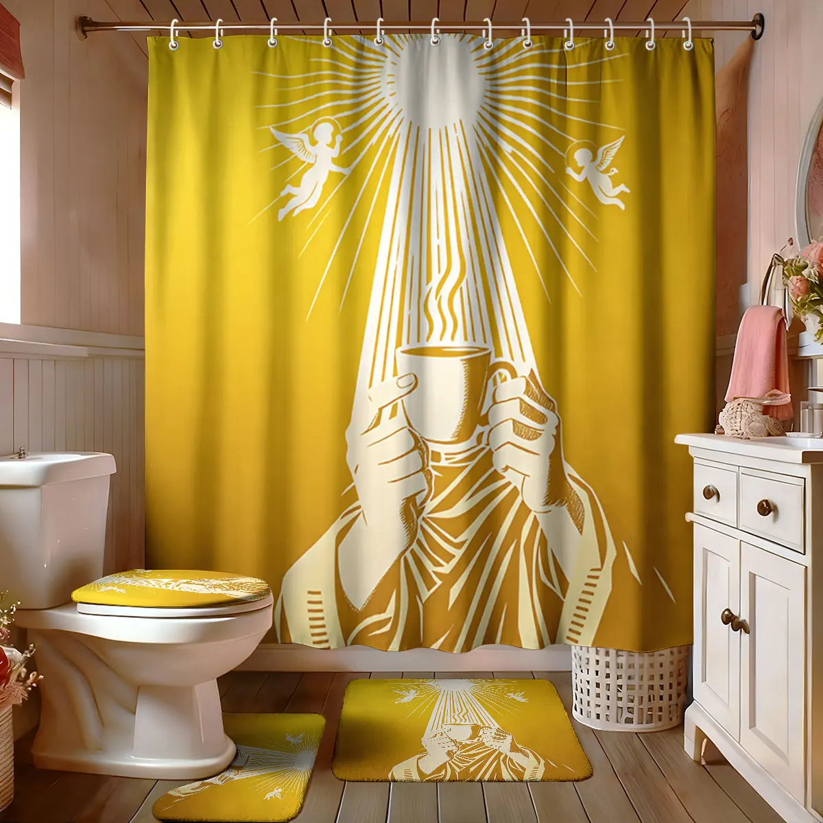 Golden Coffee Cup Angel Print Bathroom 4 Piece Set Luxury Gold Shower Curtain Non-slip Bath Mat Soft Towel Bathroom Decor Set - view 2
