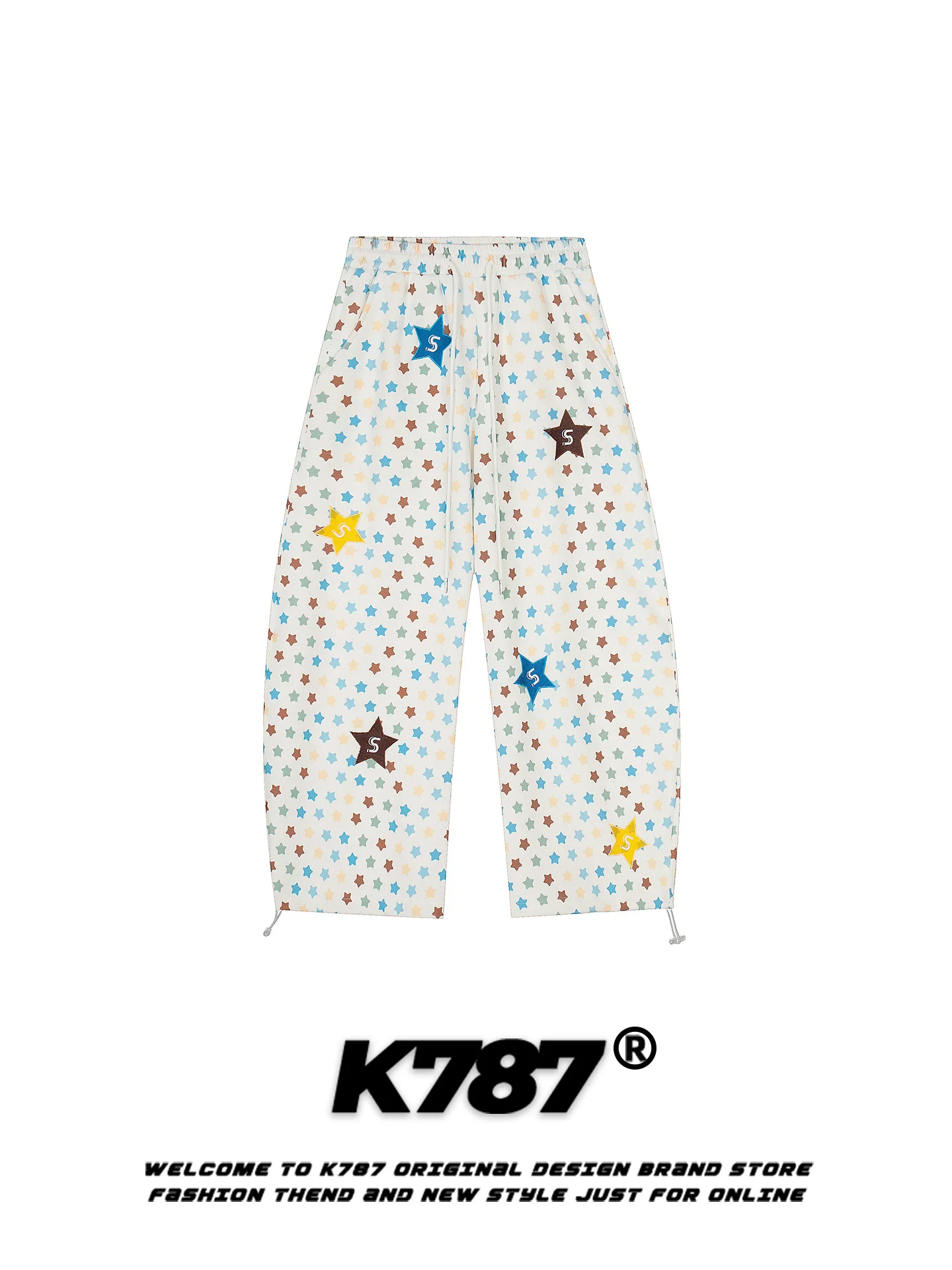 

K787 American Casual Star Print Dstring Knife Casual Pants Loose Floor-Length Wide Leg Pants for Men And Women