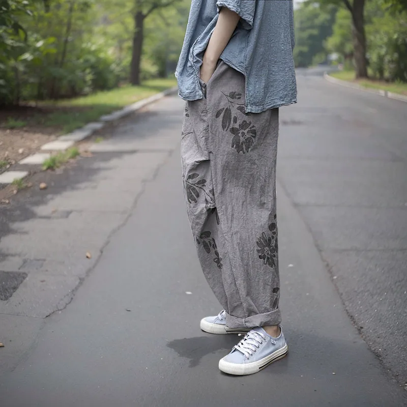 

Literary and retro hand-rubbing, thin and wide casual pants, side-pleated printing wide-leg pants, fashionable and casual, versa