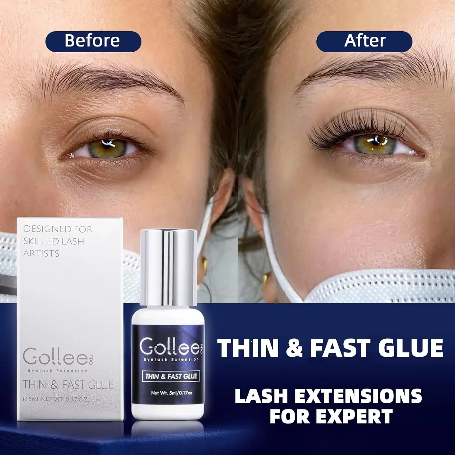 Gollee Eyelash Glue 1 Second Quick Dry Ultra Thin Flexible Low Fumes Lasts 6-7Weeks Strong Hold Professional Lash Extensions