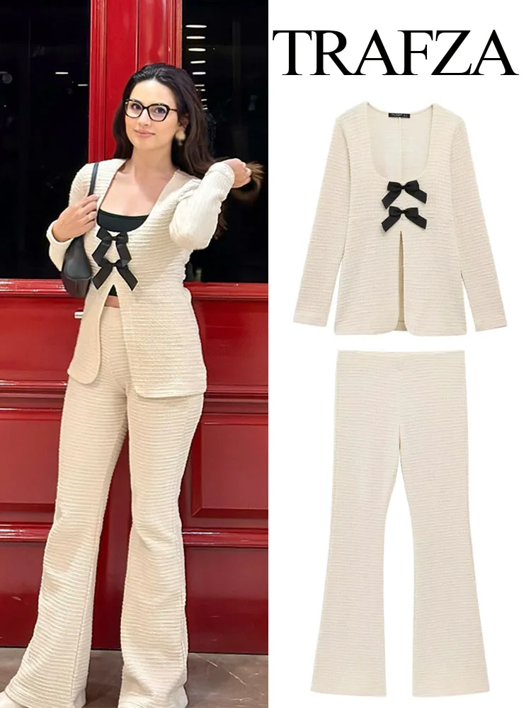 

TRAFZA Women New Fashion Pants Suit Beige Texture Bow Hem Slit Decorate Square Collar Top+High Waist Leisure Trousers Mujer