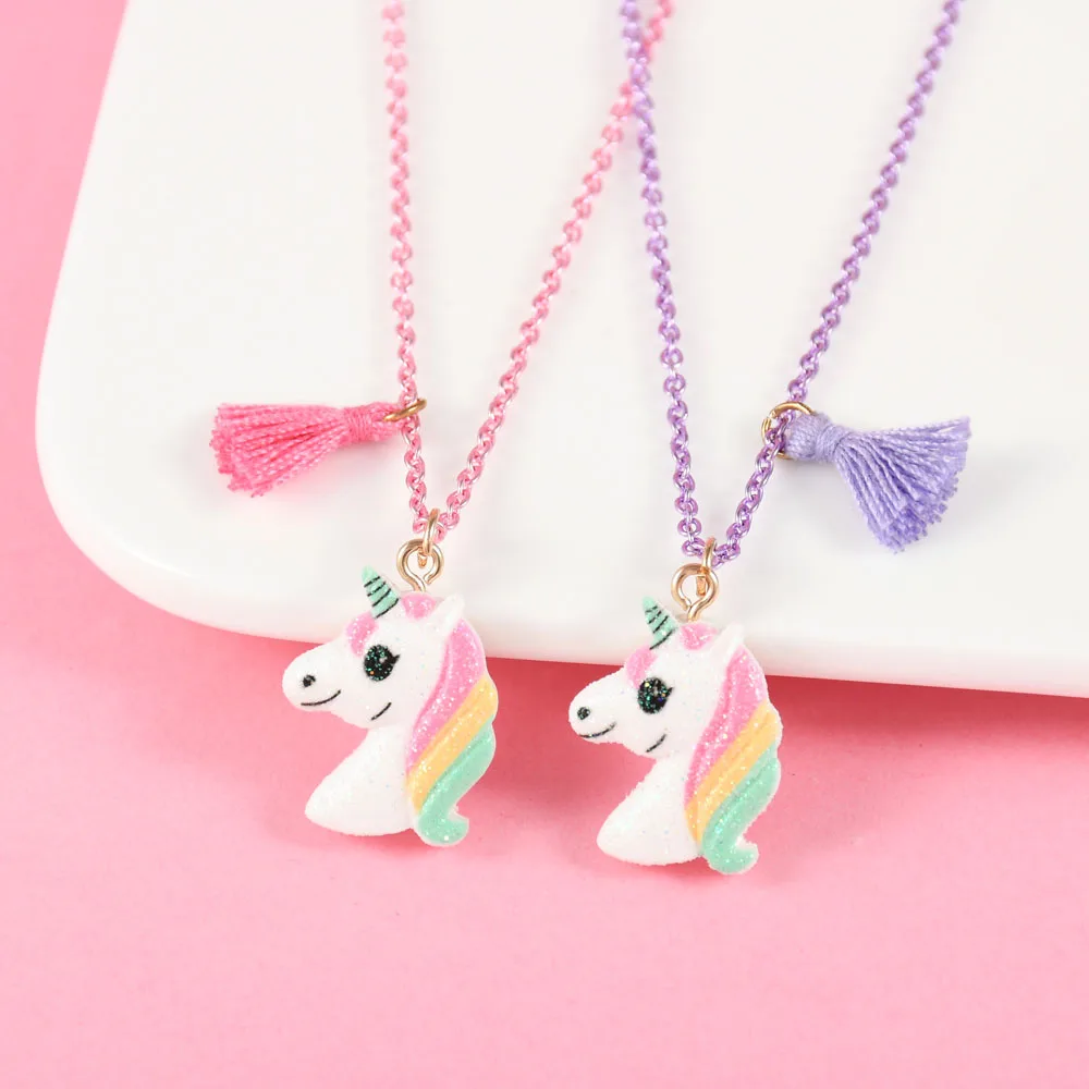 Lovecryst 2Pcs/set Colored Resin Unicorn Pony Tassels Best Friend Necklace for Kids Girls Fashion Friendship Gifts