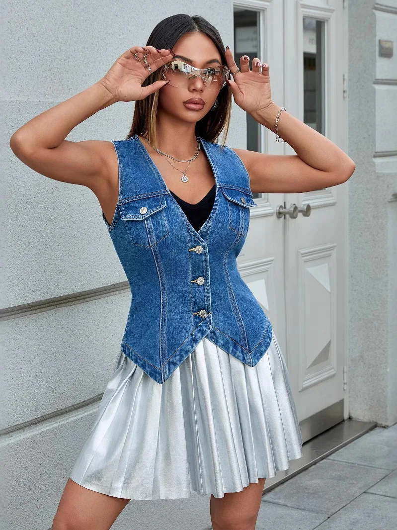 

Ladies' Denim Vest ort Sve V-Ne Button-Up Slim Fit Top Polyester Fiber Pure Color Summer Faion Outerwear