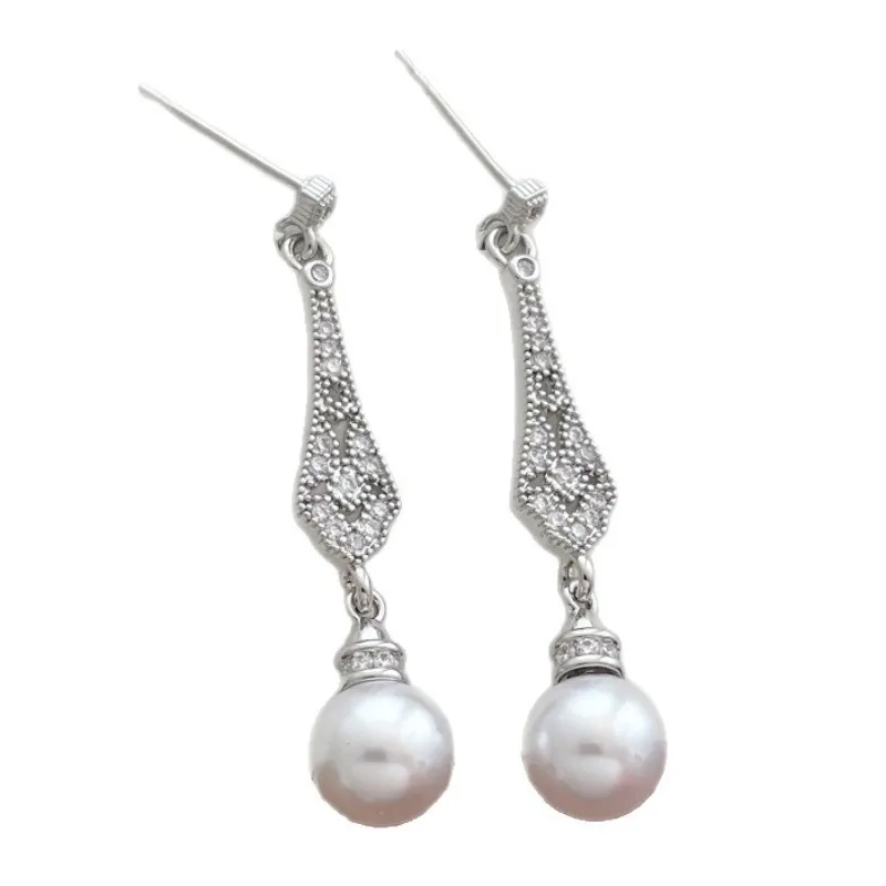 Minar Dainty Shiny Rhinestones Simulated Pearl Hollow Hanging Dangle Earrings for Women Silver Plated Copper Alloy Party Jewelry