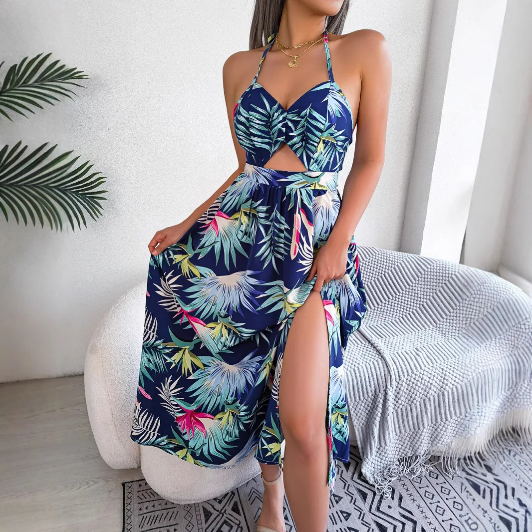 Abito elegante Boho Backless Lace Up Stampa tropicale Maxi abiti Donna Sexy Summer Beach Vacation Abito lungo Abbigliamento donna 2025