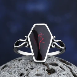 Gothic Dropshipping 2024 New Fashion Coffin Ring With Flower And Red Epoxy For Man Women Couple&Wedding Gift