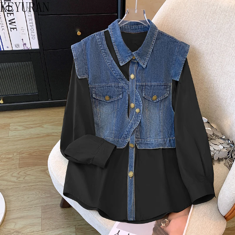 M-4XL Fake Two Piece Denim Spliced Shirt Women New Spring Autumn Big Size Fashion Long Sleeve Loose Blouse Oversized Female Tops