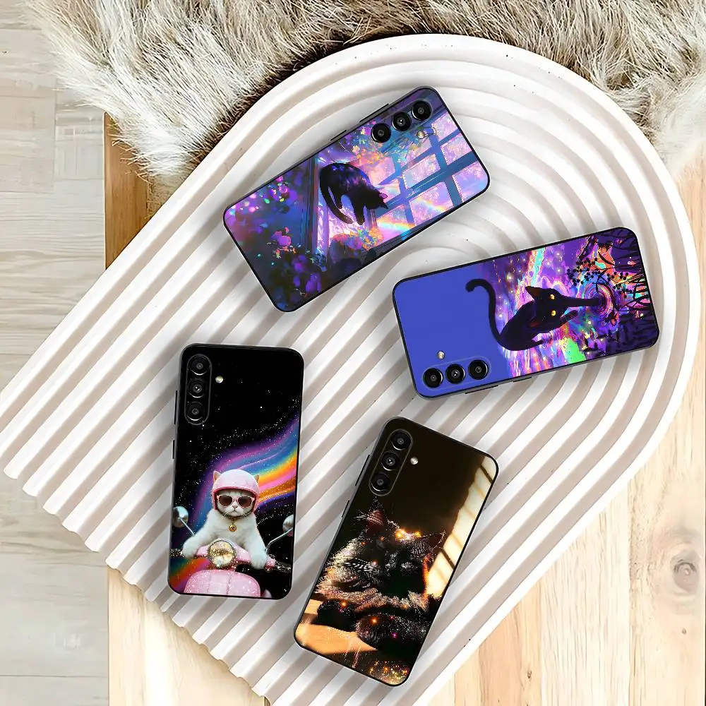 Shiny Spiritual Black Cat For Samsung Galaxy A73,31,32,72,41,53,52,71,22,5G,Note,J7,8,9 Soft Black Phone Case