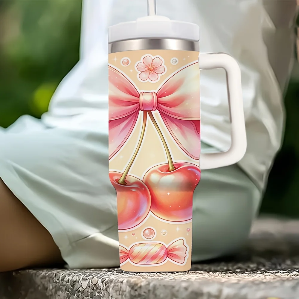 40oz Tumbler with Handle Sweet Pink Cherry Bow Floral Print Perfect for Women Ladies Office Workers Travelers Drivers Hikers Suitable for Office Gym Travel Camping Daily Commute Hiking Picnic Outdoor Activities