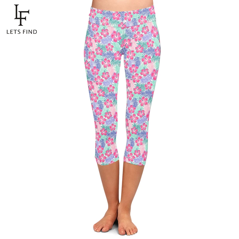 LETSFIND Summer Women Capri Legging High Waist 3D Pastel Hibiscus and Palm Leaf  Print Fitness Stretch Slim Mid-Calf 3/4 Pants