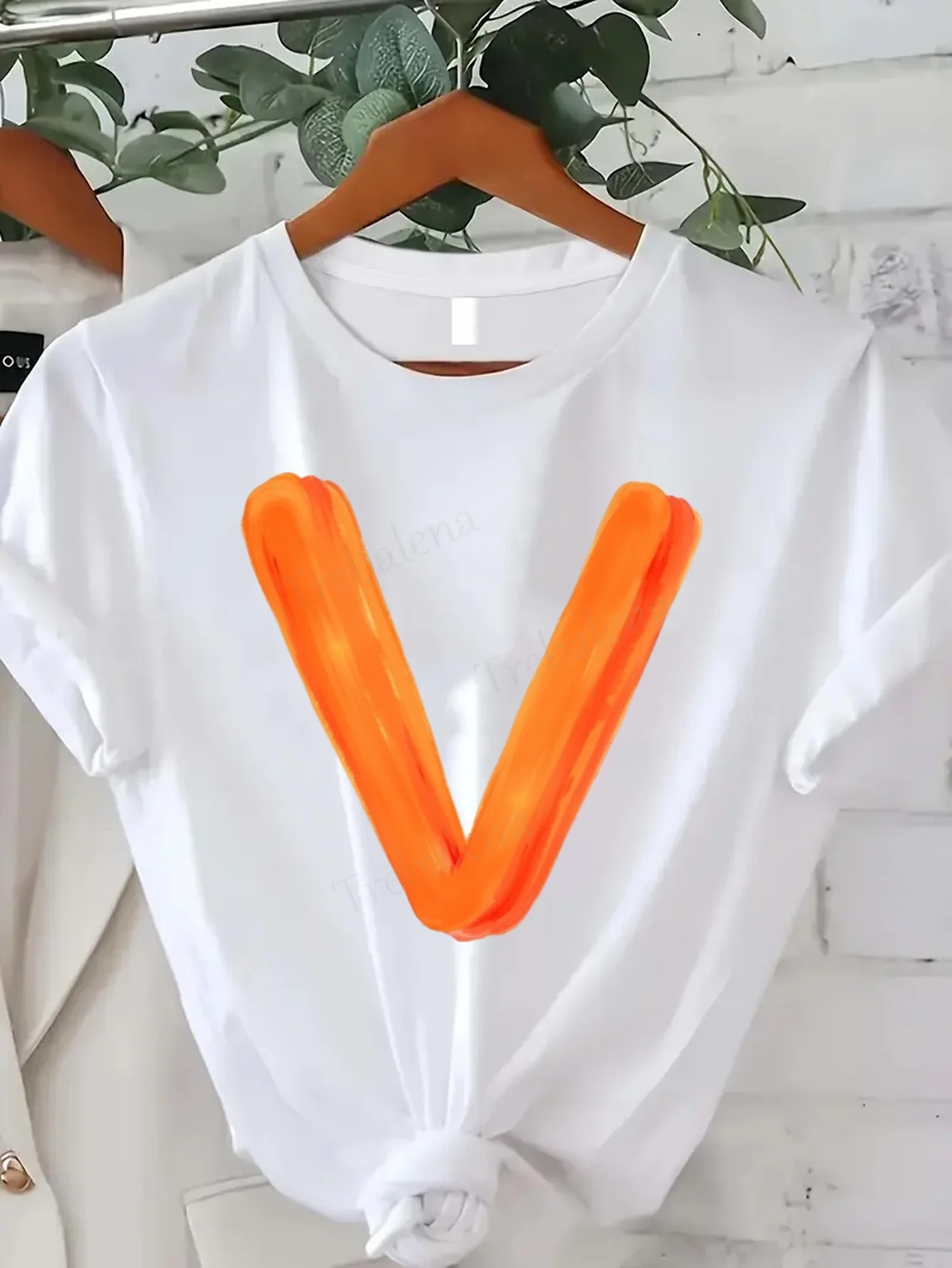 

Comfortable Women's Print T-shirt White T-Shirt with Orange V Print, Casual Summer Top for Women