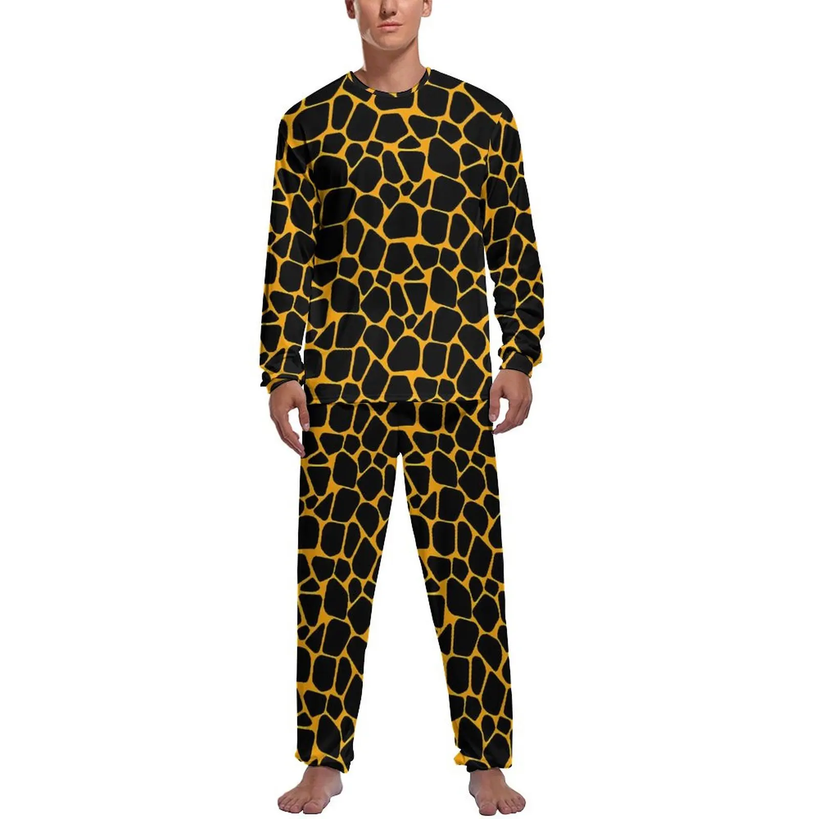 Neon Giraffe Print Pajamas  Man Long Sleeve Romantic Pajama Sets 2 Pieces Casual Winter Graphic Nightwear Birthday Gift