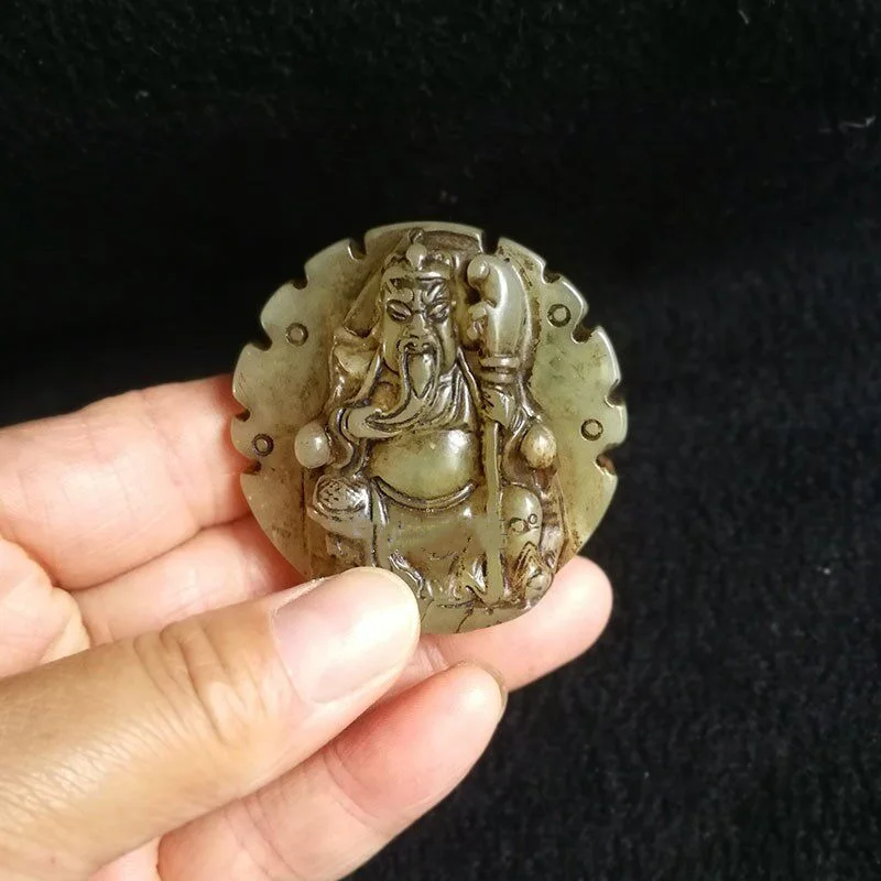 Antique jade carving old jade Xiuyu hollow out Wu Caishen Guan Gong statue handle piece hanging ornament