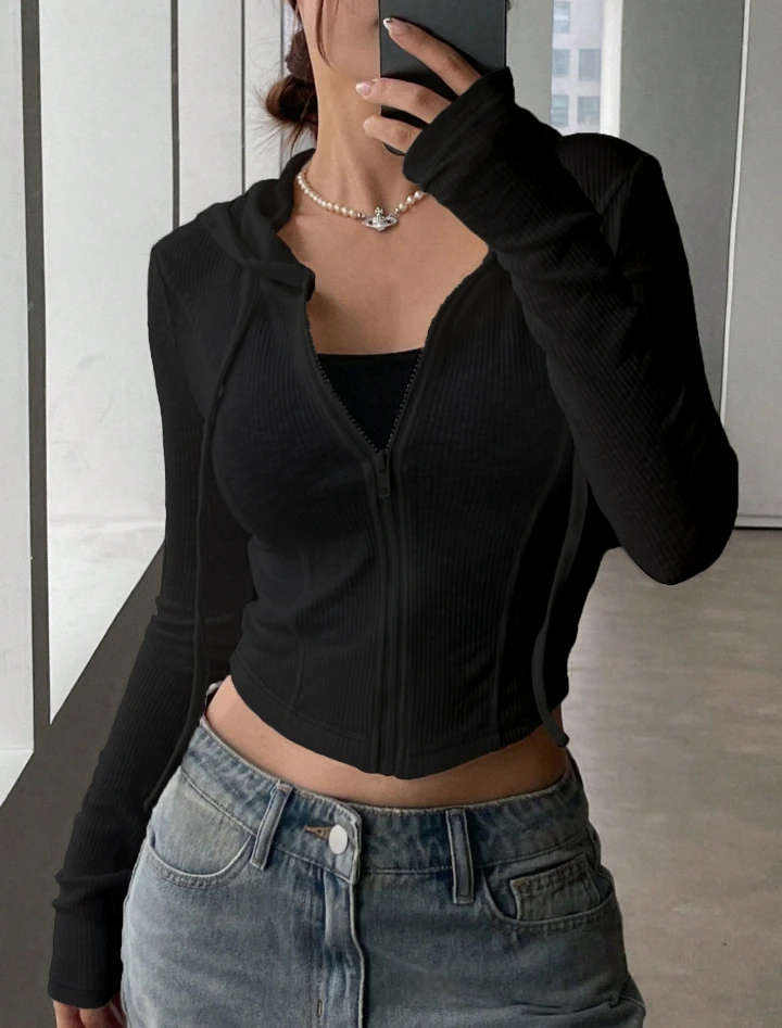 

Women's Cardigan Jacket 2024 Autumn Casual Long Sleeved Zipper Long Sleeve Jacket Crop Hooded Solid Color Slim Fit Knit Jacket