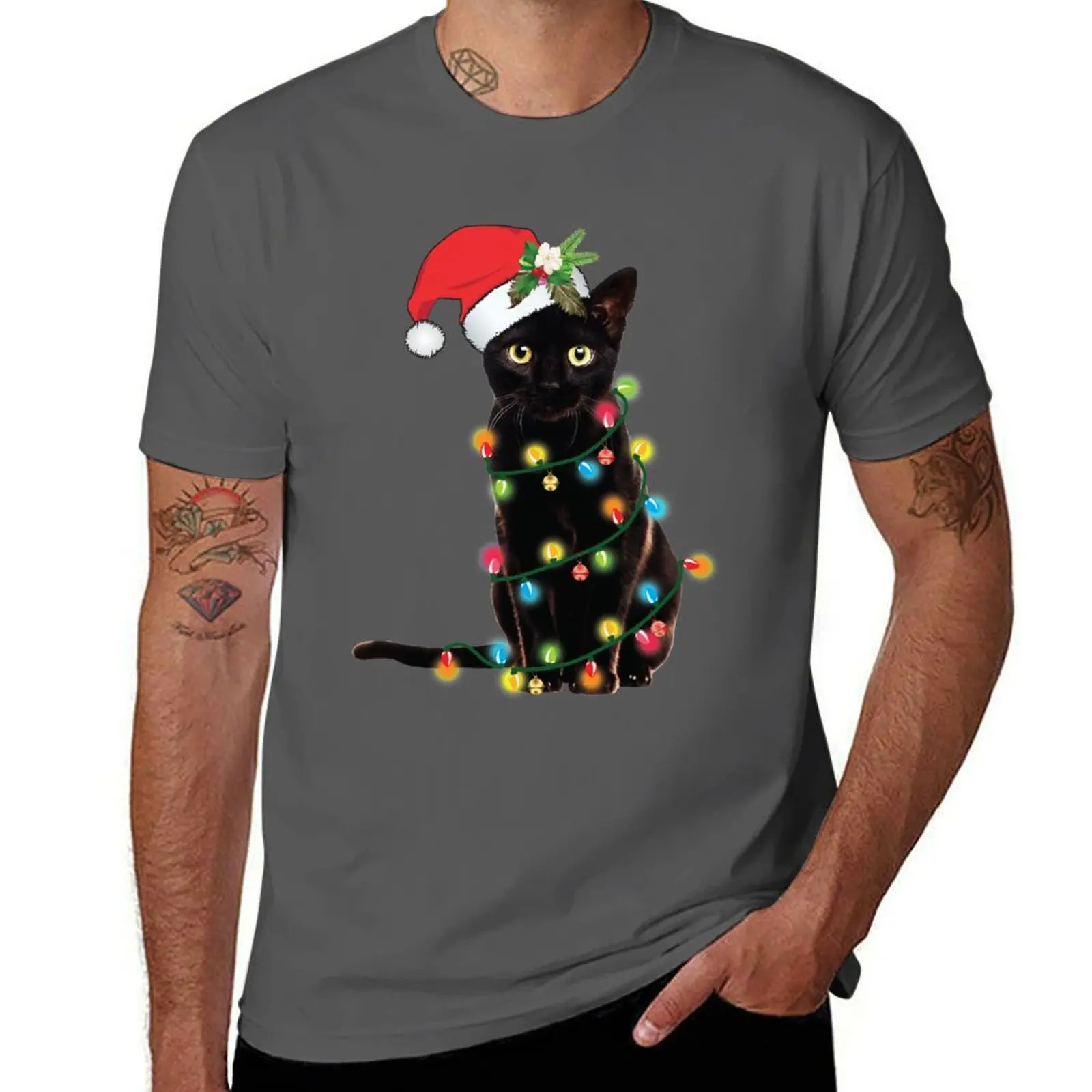 

Black Santa Cat Tangled Up In Lights Christmas Santa T-Shirt Light Athletic Short Sleeve Tee Shirt