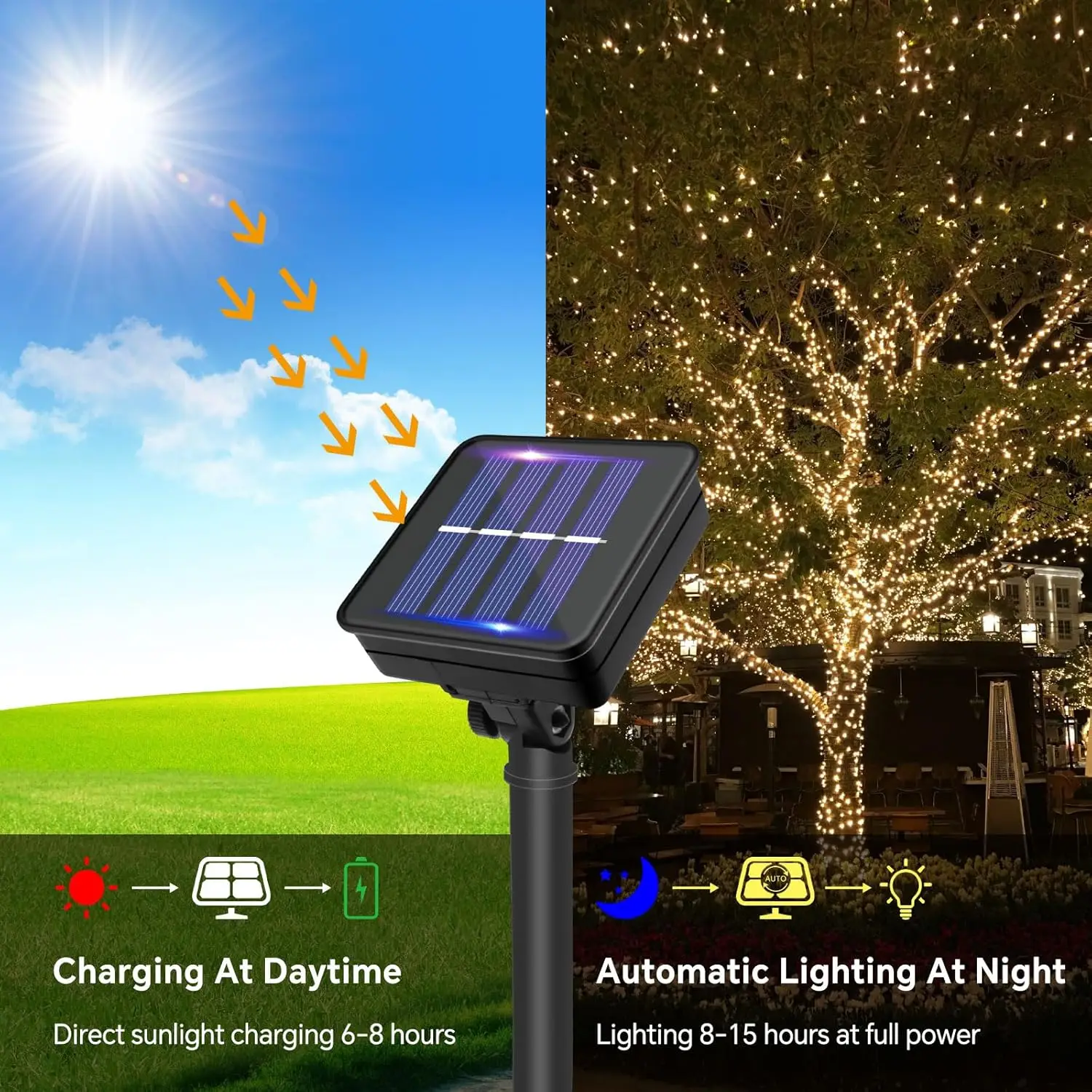 عيد الميلاد جارلاند الشمسية في الهواء الطلق سلسلة أضواء LED في الهواء الطلق 8 طرق سلسلة أضواء الديكور لحديقة فناء شجرة شرفة الأطراف