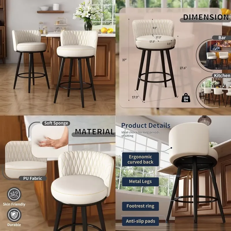 for Modern Tufted Durable Counter Height Wine Bar Stool Set Padded Back Metal Legs  Outdoor Kitchen Island Restaurant