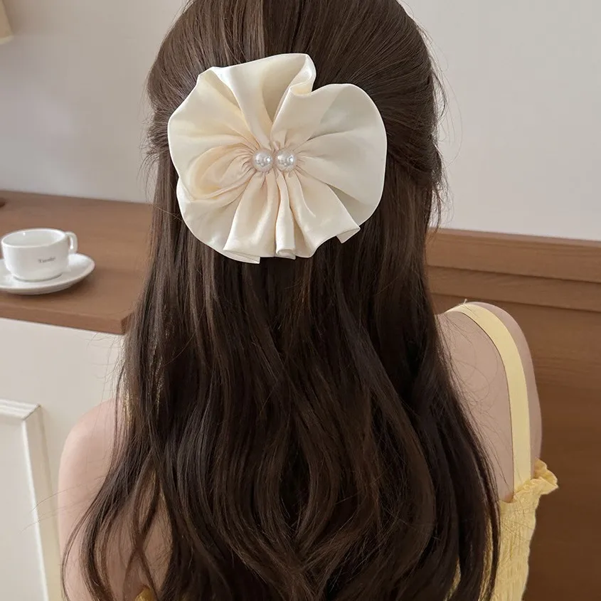 Gentle Korean Round Flower Hair Spring Clip Pearl Satin Finish High Quality for Half Up Ponytail Side Wear