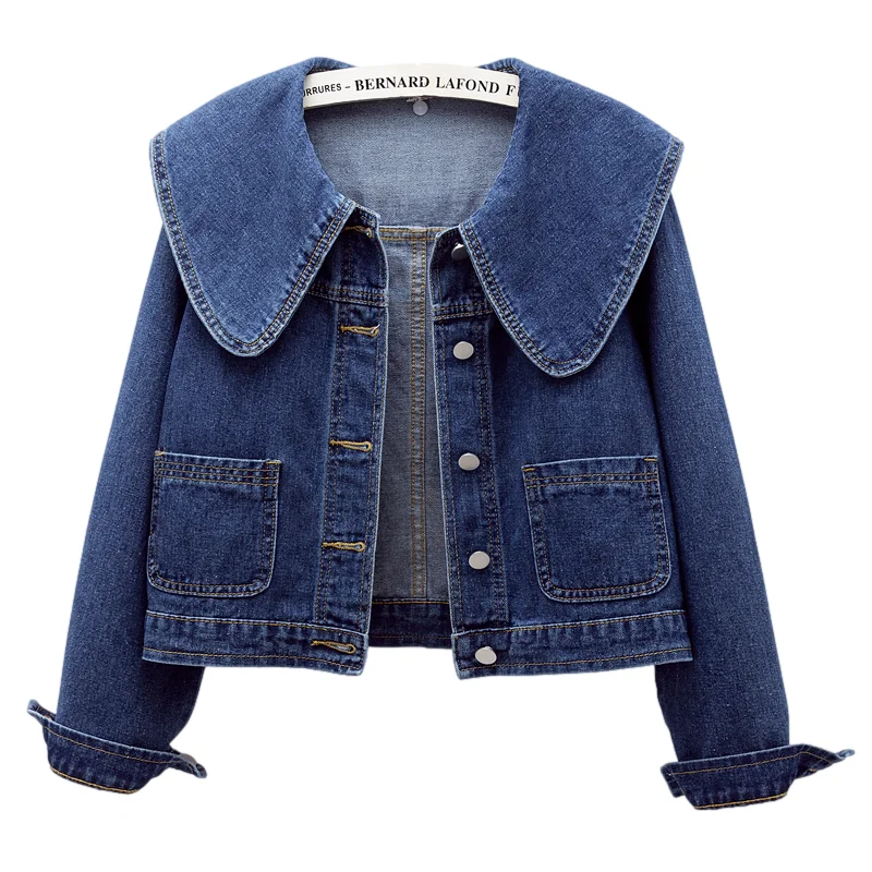 

Sailor Collar Big Pocket Denim Jacket Coat Women Loose Short Student Cowboy Outerwear Spring Autumn Vintage Jeans Jacket Female