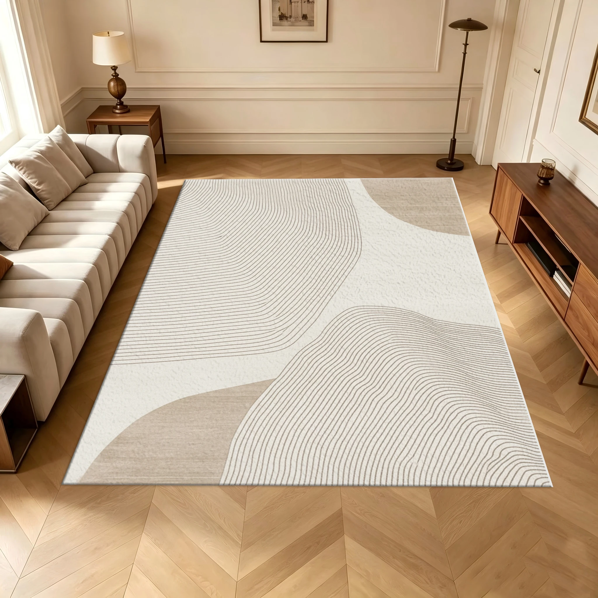 Beige Wood Grain Line Art Carpet Flooring Nordic Minimalist Home Decor Area Rug