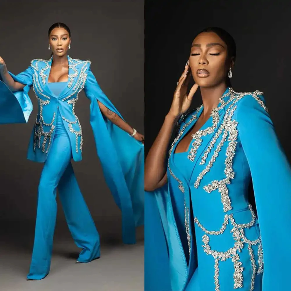 مصمم المرأة سترة طويلة كريستال البدلات الرسمية طويلة الأكمام الذروة التلبيب سيدة سليم صالح معطف 3 قطعة سترة السراويل صديرية دائرية مخصصة