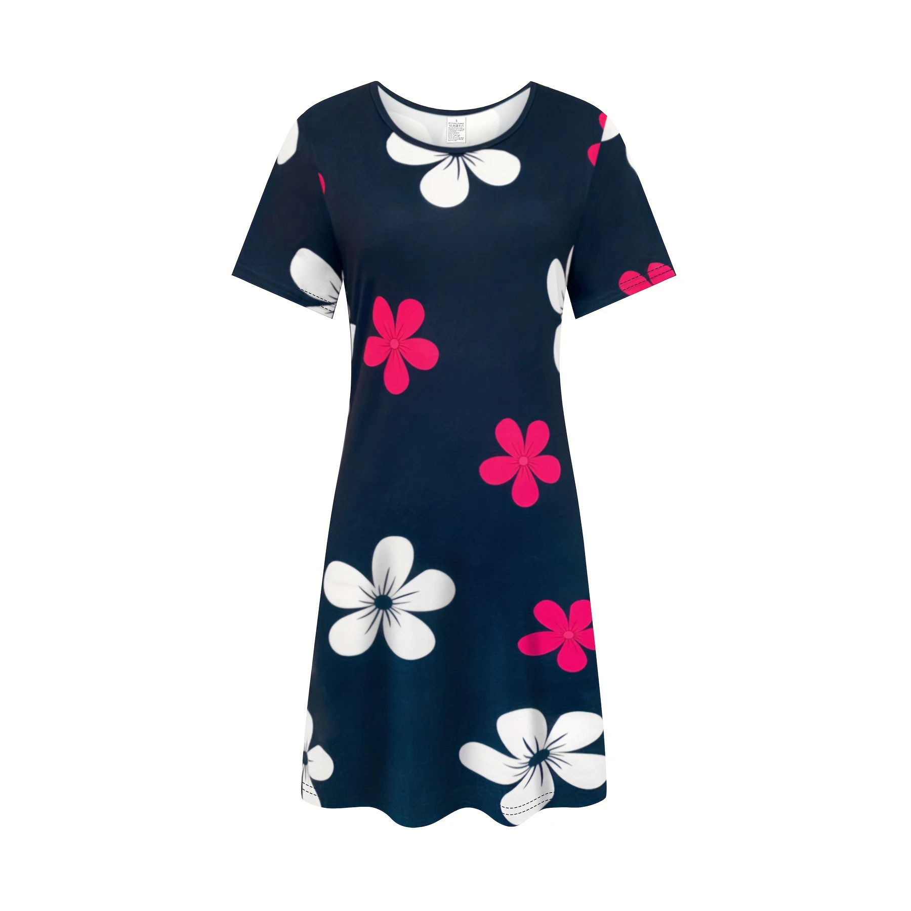 Lässiges T-Shirt-Kleid mit abstraktem Blumendruck für Damen, Marineblau mit rosa und weißem Kontrast-Trägerkleid, atmungsaktive Y2k-Damenkleidung