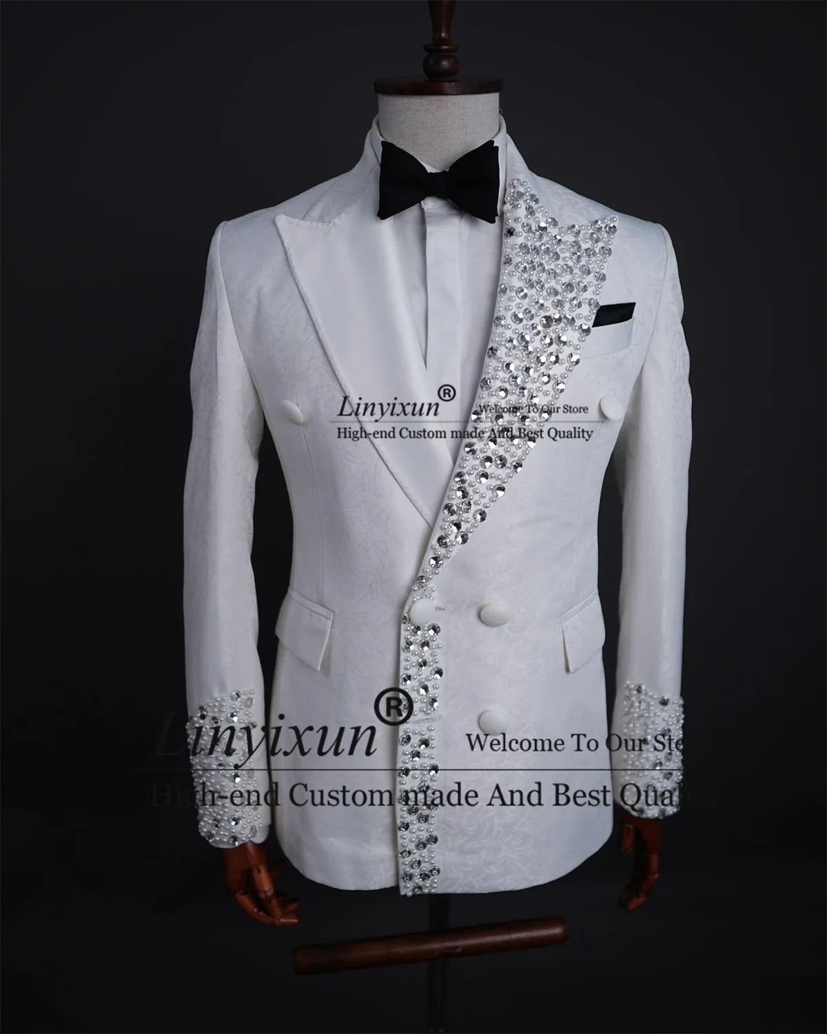 Whit Jacquard Tuxedos Men Suits Luxury Beaded Crystal Groom Wedding 2 Pieces Sets Male Prom Blazer traje de hombre elegante