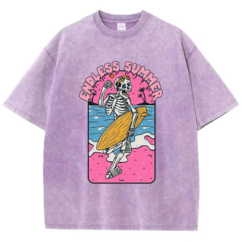 Fashion Women Cotton Washed T-Shirt Endless Summer Skull Surfing Printing Short Sleeve Casual Loose Tee Shirt Vintage Clothes