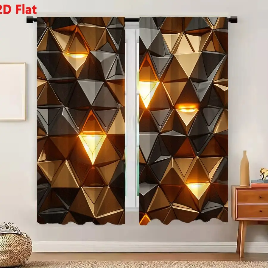 2Pcs Curtains Add 2D Flat Textured Bronze Gold Low Poly Geometric Wall With Glowing Triangles Window Drapes for Bedroom Room Dec