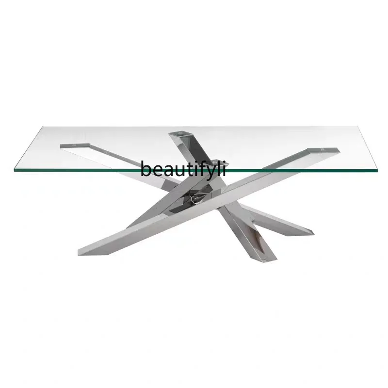

Modern Minimalist Italian Coffee Table Modern Light Luxury Living Room Metal Steel Frame Glass Tea Table