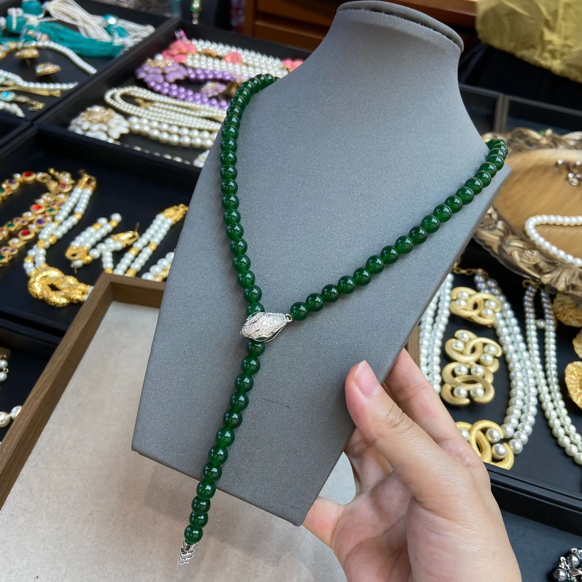 

Women Fashionable Natural Stone Snake Necklace Earring Set