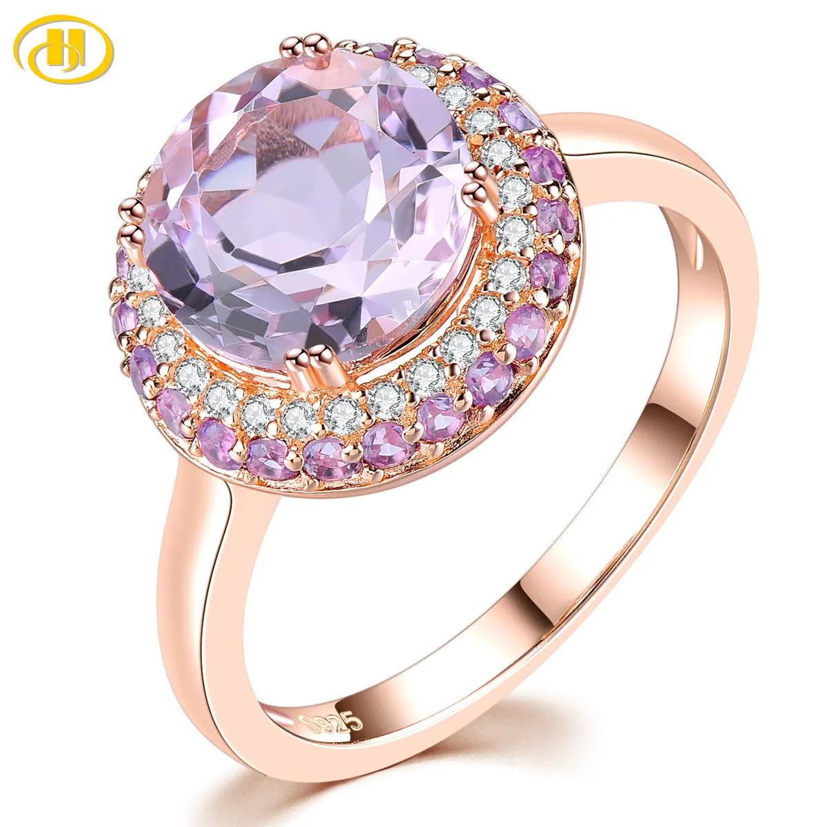 

Natural Pink Amethyst Sterling Silver Rose Gold Plated Ring 3 Carats Romantic Elegant Women's Fine Jewelry Wedding Gifts