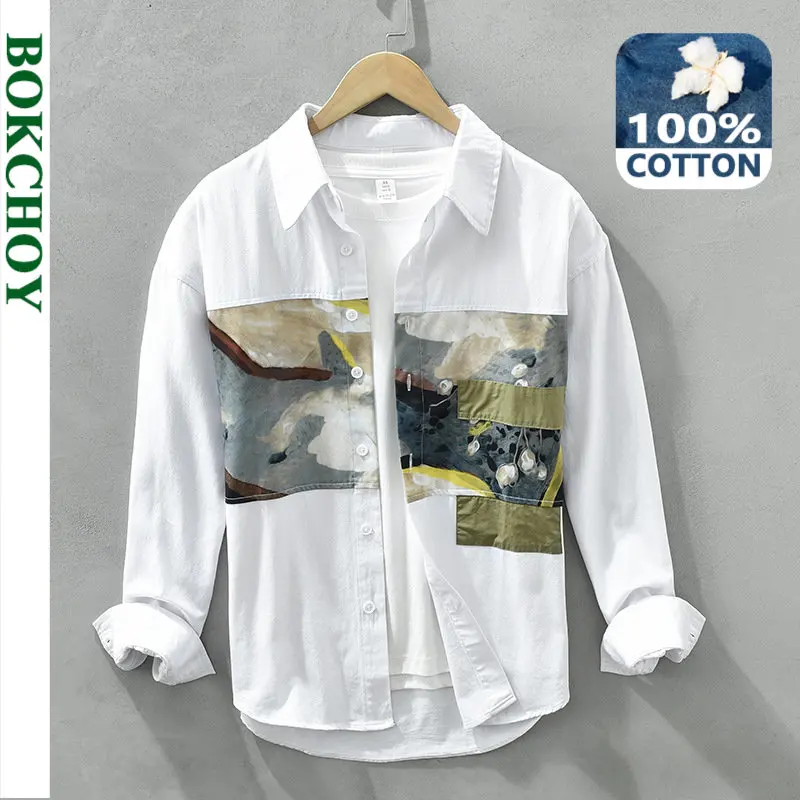 Spring New Printed Patchwork Shirts for Men Casual 100% Cotton Fashion Men Clothing C2161