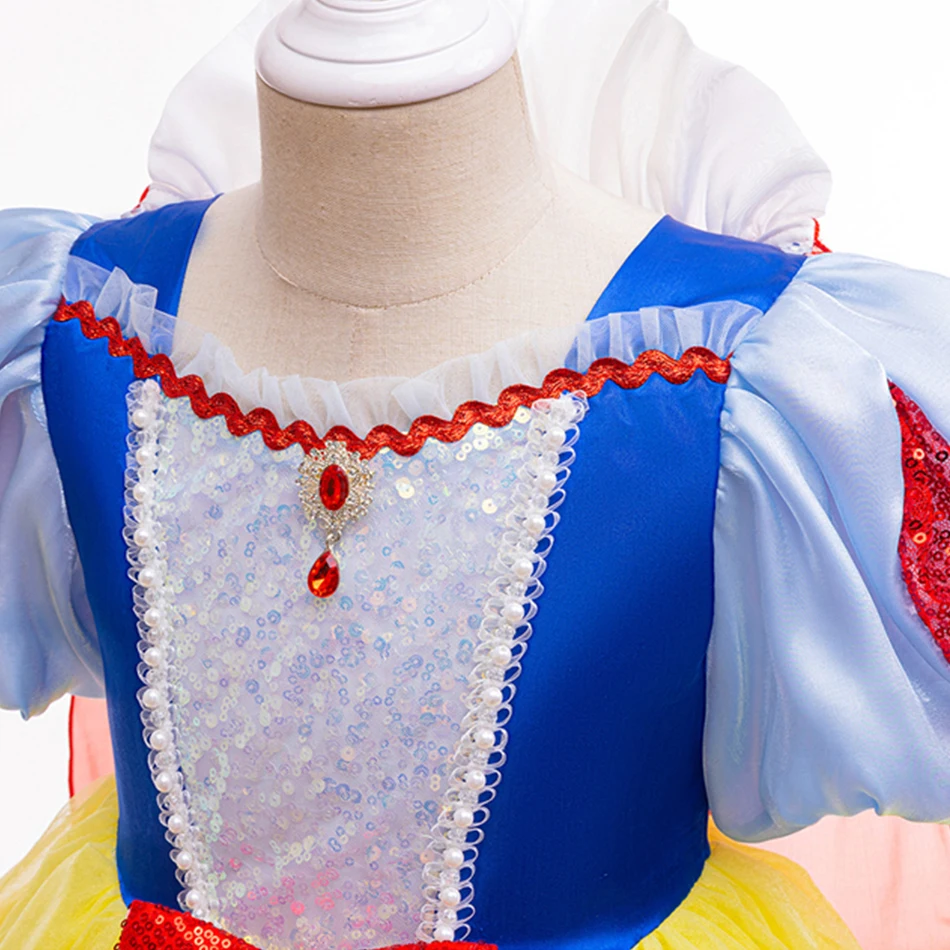 Vestido de princesa branca de neve com lantejoula para crianças, vestido de malha para o Halloween, traje cosplay para crianças, traje de carnaval para meninas